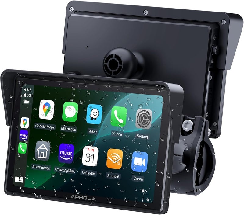 aphqua 5 Inch Motorcycle CarPlay & Android Auto Display – IP67 Waterproof Touchscreen, Dual Bluetooth, TF Card, GPS Navigation, Voice Control, Universal Mount – 522 - Image 1